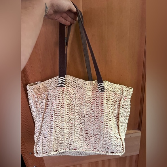 Quicksilver straw light tan shoulder bag EUC pink lining tote leather straps - Picture 5 of 9